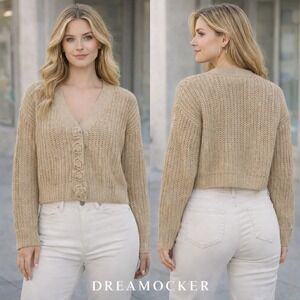 POL Knit Chunky Oversized Cropped Cardigan Sweater Boho Floral Button Small